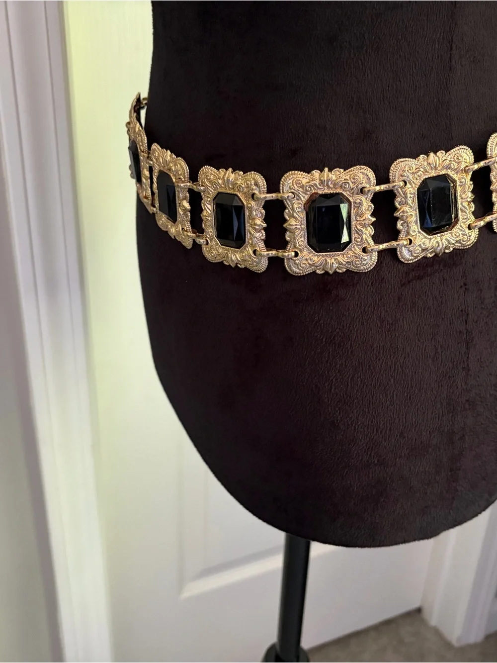 Gold-Tone Statement Waist Belt with Black Gem Accents